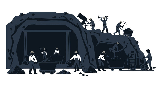 Coal miners working in a mine shaft dark blue vector illustration