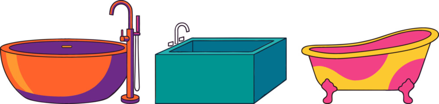 Modern Bathtub Vector Set Featuring Colorful Round Square and Vintage Clawfoot Tubs with Water Faucets for Bathroom Interior Design and Sanitaryware Concepts