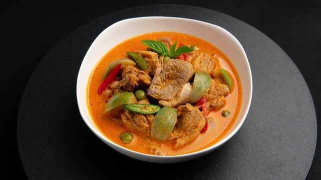 Red Curry with duck meat.Sliced duck meat with Thai red curry paste and coconut milk soup in white bowl.thai food.(Gaeng phed ped)