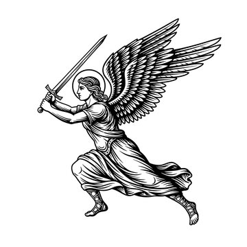 Angel with sword and wings fighting.