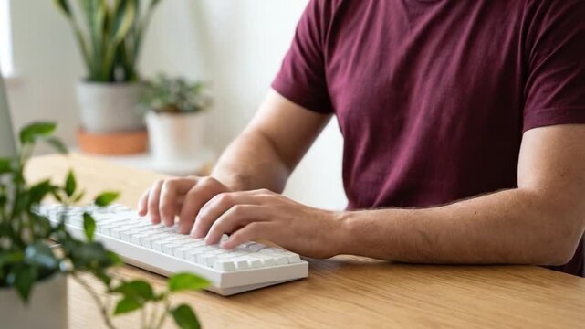 Man typing on white computer keyboard at wooden desk in bright office space closeup shot.