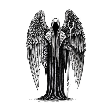 Angel with wings and sword standing.