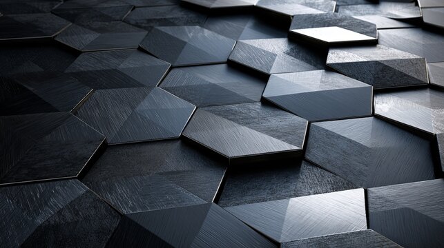 A close-up view of a modern black hexagonal tile floor with a sleek and contemporary design