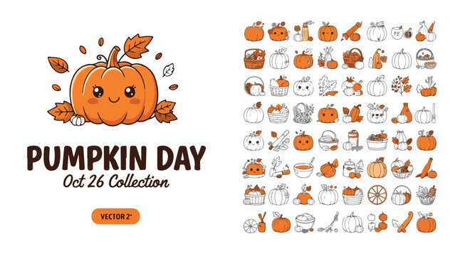 Pumpkin Day Oct 26 Collection, cute kawaii pumpkin icons set, autumn harvest vegetable vector illustrations, orange fall season graphics