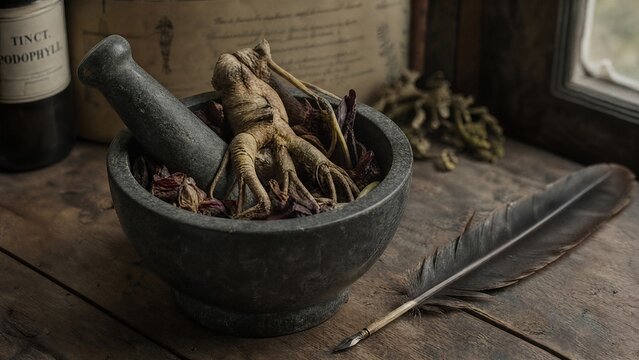 Stone mortar with mandrake roots and petals on a wooden table.