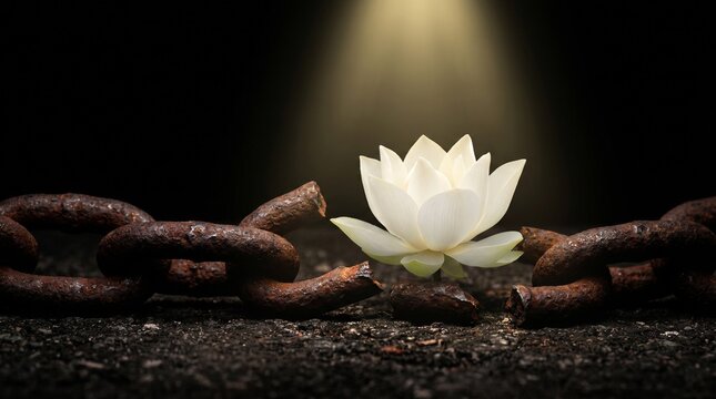 A serene white lotus flower blooms freely amidst broken rusty chains on a dark surface under a spotlight.