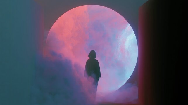 Lone figure standing in front of a large glowing circle, surrounded by colorful mist, creating a surreal atmosphere in a dimly lit environment