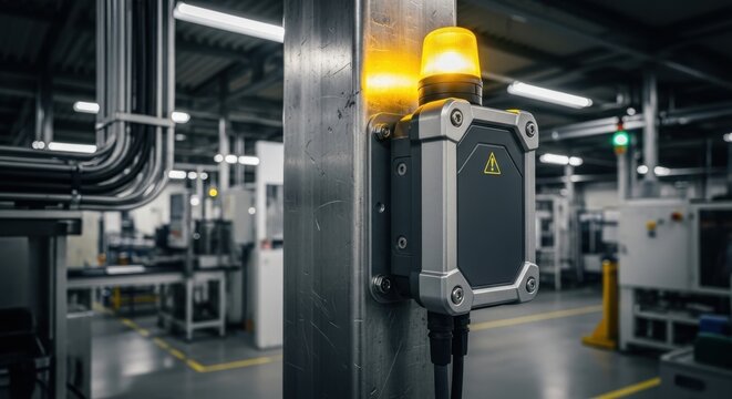 Industrial proximity reader with flashing yellow warning light mounted on metal pole in factory setting