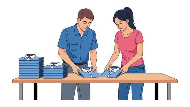 Sorting Clothes: A man and a woman neatly fold and stack blue shirts on a table, organizing garments for an efficient process.