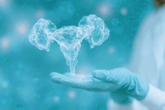 Close up of medical professional's gloved hand holding a digital representation of a uterus, with a blue background and abstract medical symbols visible