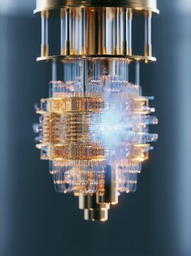 Photorealistic shot of quantum computer with intricate gold components and glowing elements, suspended in a modern laboratory setting with a blurred background