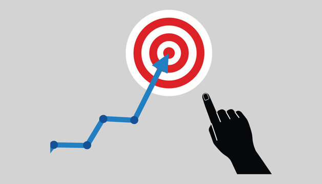 Blue arrow hitting red and white target next to pointing hand bullseye red and white circles graph