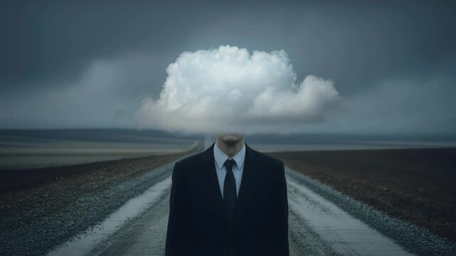 Businessman with cloud head stands in dreamy landscape on a lonely road at twilight


