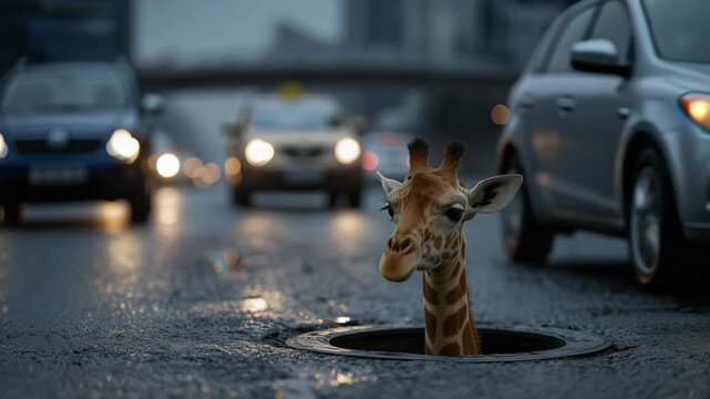 Giraffe sticks head through round hatch in busy city street with cars driving by during grey day