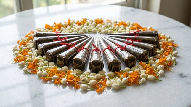 A bundle of rolled papers tied with red strings arranged on a floral patterned table with orange and white flowers.