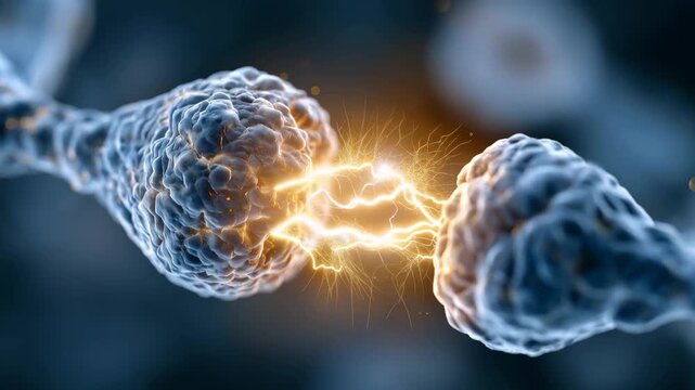 Neurons transmitting electric signal with glowing synapse in dark neuroscience background