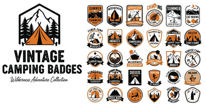 Vintage camping badges collection, wilderness adventure mountain emblems, retro outdoor exploration logos, set of 25 vector icons