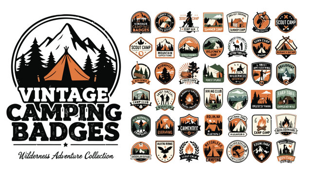 Vintage camping badges and wilderness adventure collection, set of 42 outdoor mountain emblems, retro scout camp and hiking vector logos