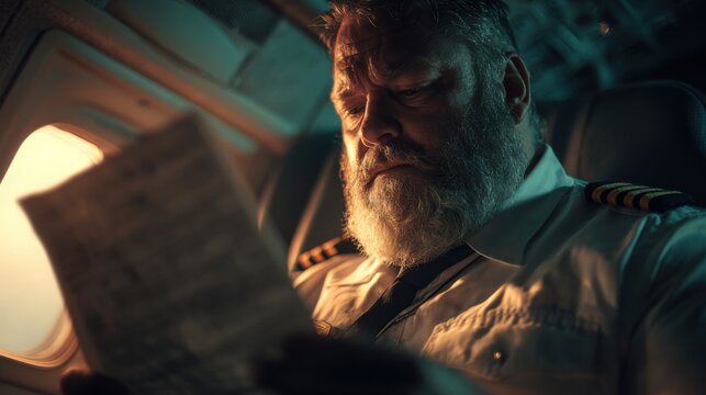 Pilot reviewing flight plans inside cockpit airplane action scene evening light close-up view aviation safety