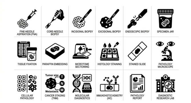 Cancer diagnosis and pathology laboratory icon collection vector medical symbols isolated on white