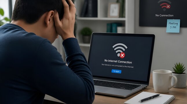 Frustrated person facing no internet connection on laptop screen.