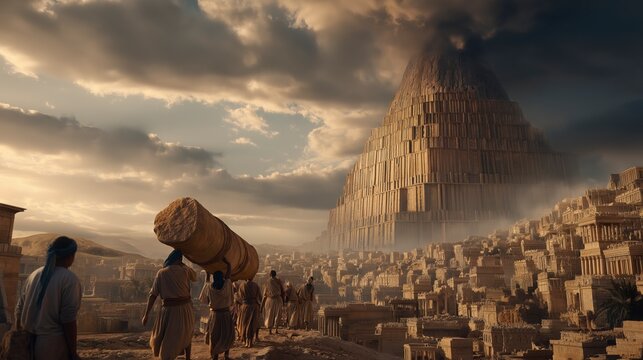 The half-built Tower of Babel dominates the horizon above a bustling city, portraying humanity&rsquo;s determination to achieve greatness while revealing the dangers of pride apart from God&rsquo;s wisdom.
