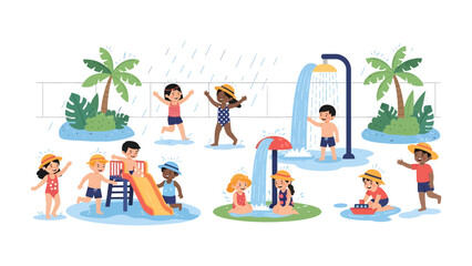 Children's Splash Park Fun: A vibrant illustration depicts a diverse group of children gleefully playing in a summer splash park, enjoying water slides, sprinklers.