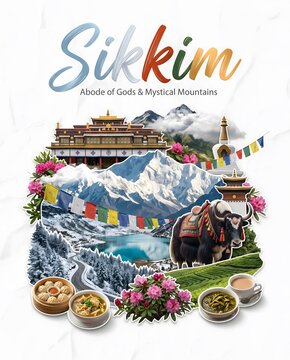 Sikkim Travel Poster Featuring Cultural Heritage Traditional Cuisine and Iconic Landmarks