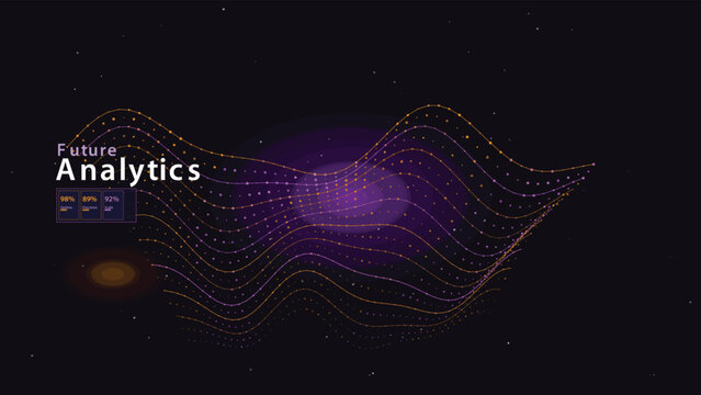 Future Analytics data visualization vector, abstract digital wave of glowing particles, purple and orange financial technology background