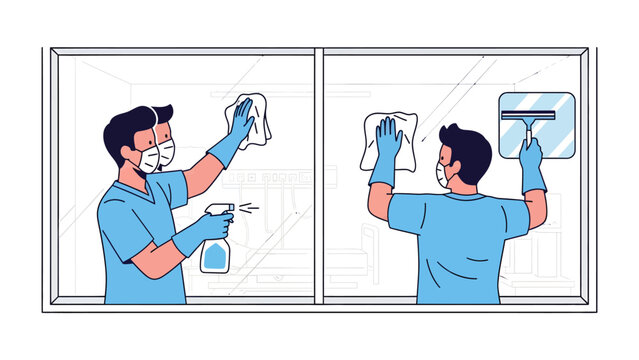 Cleaning Professionals Sanitizing Windows: Two uniformed individuals wearing face masks and gloves meticulously clean and sanitize large glass windows.