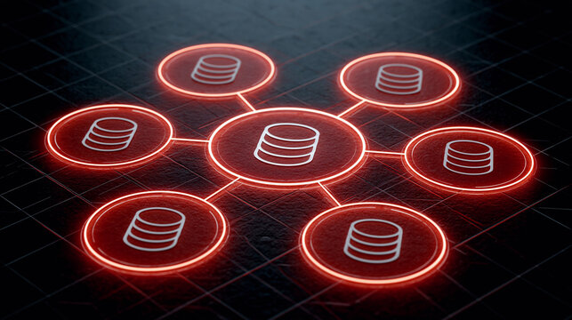 Red glowing database network concept on a dark grid floor, representing digital data connection and modern technology infrastructure.