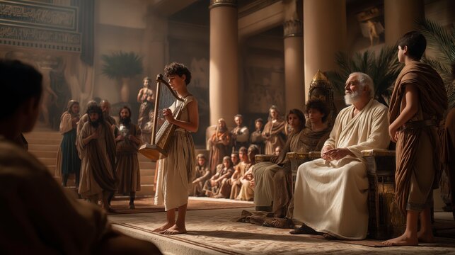In the royal hall, young David plays the harp with skill and devotion, while King Saul listens from his throne and the servants watch quietly around them.
