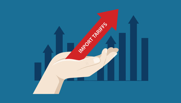 Hand holding red import tariffs arrow with blue graph background red arrow blue background