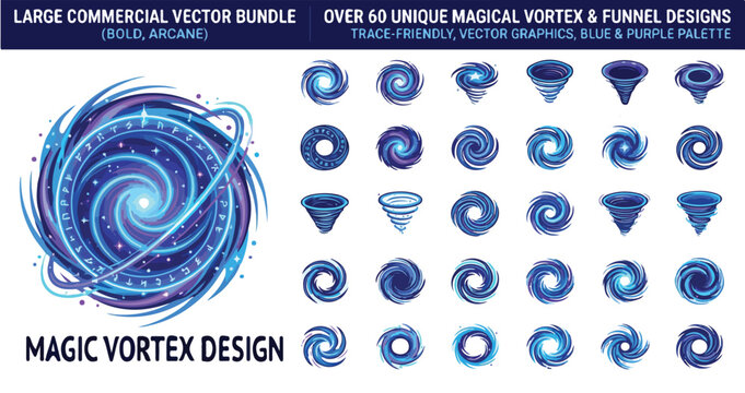Magical vortex and funnel vector bundle, over 60 unique arcane portal designs, blue and purple cosmic swirl graphics for gaming and fantasy