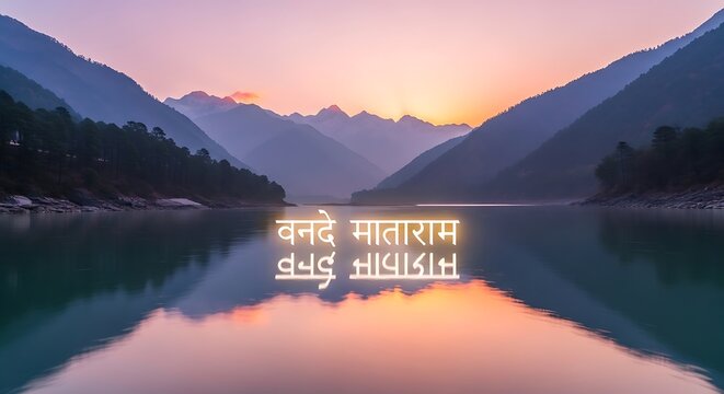 Serene himalayan lake at sunset with vande mataram sanskrit inscription