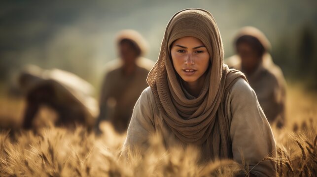 In a sunlit grain field, young Ruth humbly gathers the leftover grain behind the harvesters, demonstrating diligence, humility, and faithful provision in a season of new beginnings.

