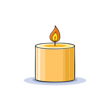 A lit yellow candle with a bright orange flame and a subtle shadow, isolated on white