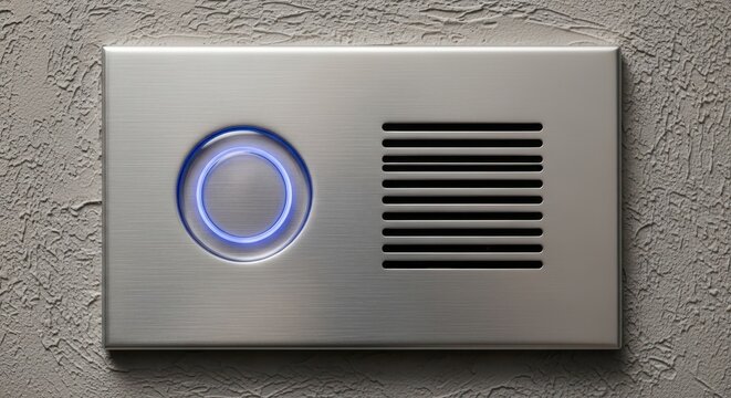 Sleek illuminated intercom unit with circular call button and speaker grille on textured wall