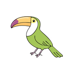 Obraz premium Cute cartoon toucan bird with large colorful beak and green body isolated on white