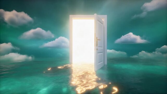 Open door standing in the middle of a calm ocean with bright light shining through as a surreal motion video