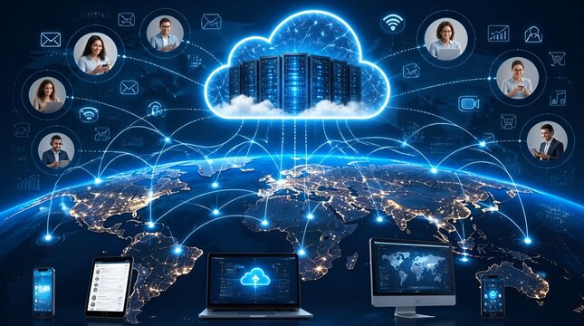 Global network connection with cloud computing and data servers.