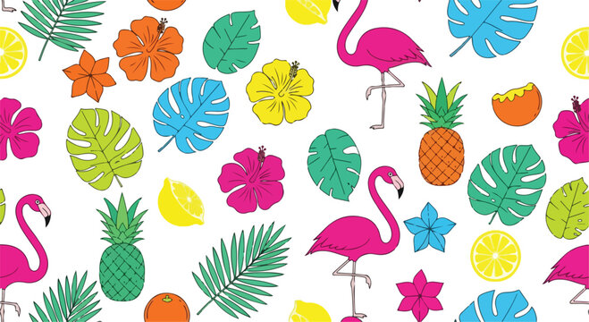 Tropical seamless pattern with pink flamingo, exotic hibiscus flowers and palm leaves, colorful summer fruit vector background