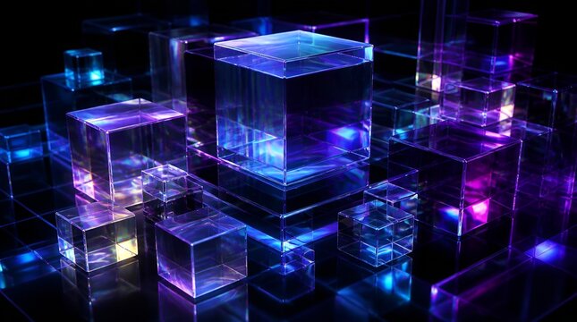 Glowing abstract purple and blue translucent glass cubes.