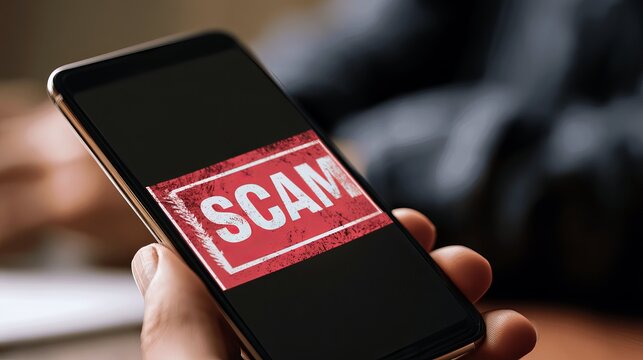 A hand holding a smartphone with a red scam warning on the screen