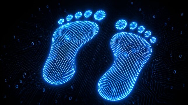 Glowing blue digital footprints on binary code background.