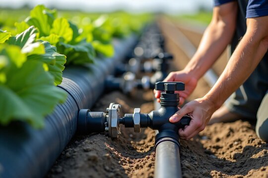 Close-up image of person adjusting drip irrigation system valve in a vegetable farm field for efficient sustainable agriculture watering