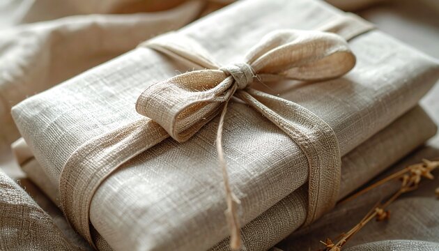 Wrapped gift with linen fabric and ribbon bow on neutral background