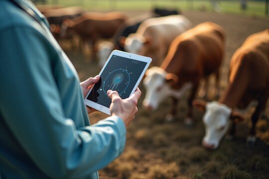 Farmer using digital tablet technology to manage livestock health and farm data in livestock barn environment with cows