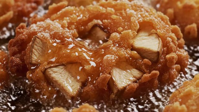 Extreme close up of an apple fritter frying in hot bubbling oil at a bakery