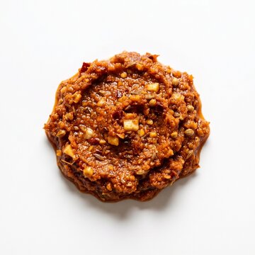 Delicious spicy red indian mango pickle paste with visible cumin seeds and chunks of garlic served in a small heap isolated on a white surface